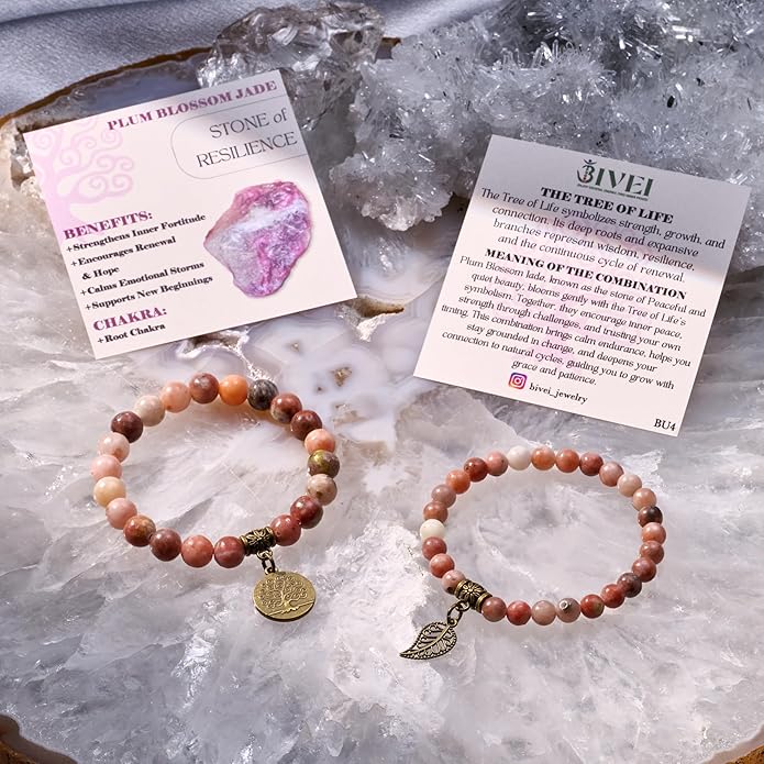 Bivei Natural Semi Precious Gemstone beads bracelet for women - Life Tree and Leaf Charm Energy Reiki Crystal Stretch Bracelets