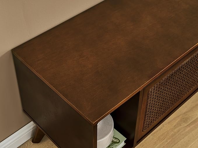 LKTART 68 Inch Mid Century Modern TV Stands with Rattan Doors, MCM Entertainment Center Media Console for 60/65/70/75 inch TVS, Long Boho Television Stand for Living Room, Dark Walnut