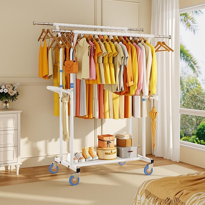 Heavy Duty Clothes Rack for Hanging Clothing: Rolling Coat Racks Poartable Garment with Wheels Freestanding Sturdy Metal Adjustable Extendable with Shelves Bedroom Laundry Living Room