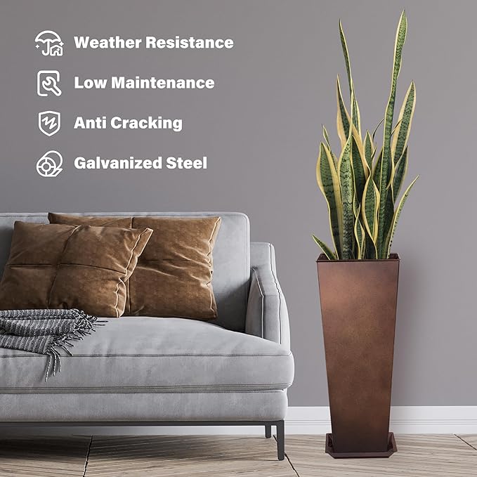 KOL 28''H. Tall Metal Planter with Insert, Set of 2, Galvanized Steel Planter Pots for Indoor & Outdoor Use, Decorative Flower Plant Pots for Front Porch, Patio, Deck - Rust Color