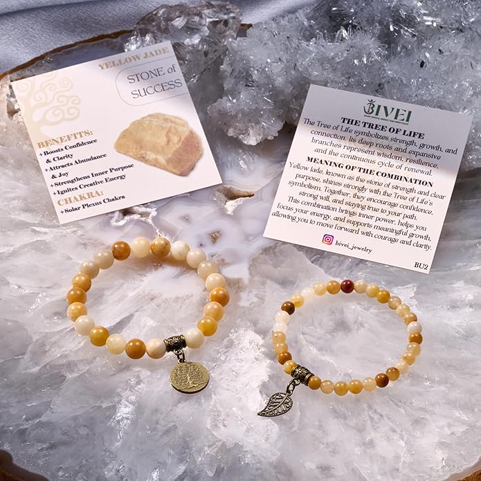 Bivei Natural Semi Precious Gemstone beads bracelet for women - Life Tree and Leaf Charm Energy Reiki Crystal Stretch Bracelets