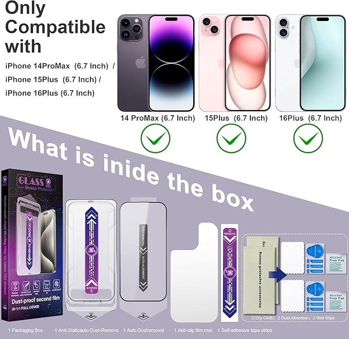 2 Pack Screen Protector for iPhone 14 Pro Max/iPhone 15 Plus/iPhone 16 Plus, 9H Tempered Glass, Full Coverage, Anti-Fingerprint, Auto Dust-Elimination, No Bubble, Easy Installation