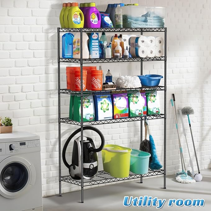 6-Tier Storage Shelves | 2100 LBS Capacity Garage Shelving | 48"×18"×82" Heavy Duty Metal Shelving Unit | Adjustable Wire Shelf on Wheels | Storage Rack for Garage Kitchen Pantry Basement, Black