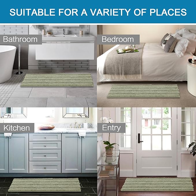 H.VERSAILTEX Bath Rugs for Bathroom Non Slip Bath Mats Thick Chenille Striped Bath Rug Runners 59" x 20" Absorbent Fluffy Soft Shaggy Mats Dry Fast Plush Area Carpet for Bath Room - Eucalyptus Green