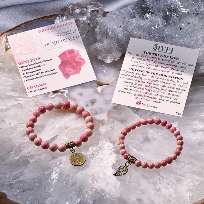 Bivei Natural Semi Precious Gemstone beads bracelet for women - Life Tree and Leaf Charm Energy Reiki Crystal Stretch Bracelets