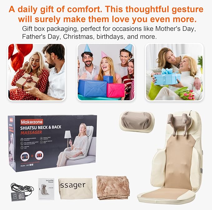 4D Shiatsu Massage Cushion w/Heat - Neck Back Pain Relief, Targets Muscle Stiffness from Long Sitting - Kneading, Vibration Technology & Dual Necks Heads Design for Office Chair, Home, Beige