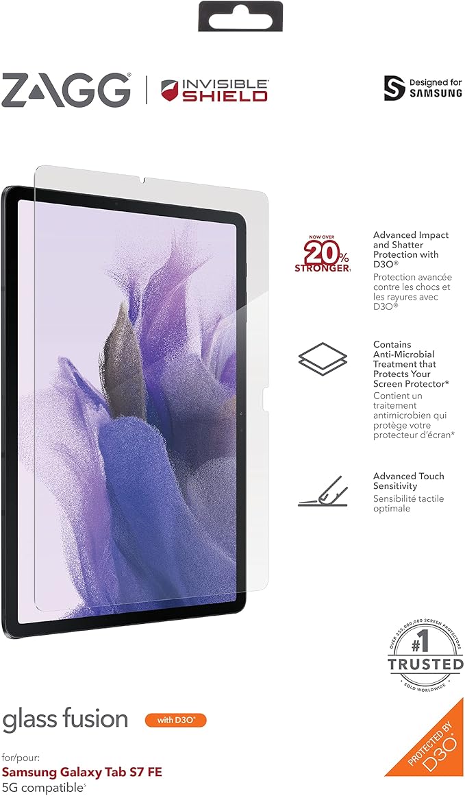 ZAGG InvisibleShield Glass Fusion Plus D3O Screen Protector - Hybrid Glass with D3O for Extreme Impact Protection - Made for Samsung Galaxy Tab S7 FE - clear