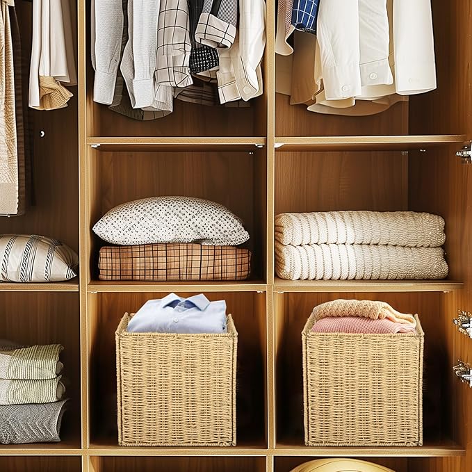 Collapsible Storage Basket 2 pcs, storage boxes for shelves, With Insertion Handle,15 * 8.6 * 10 In Hand-Woven Seagrass Storage Basket, Suitable for Bedroom Storage and Other Scenarios