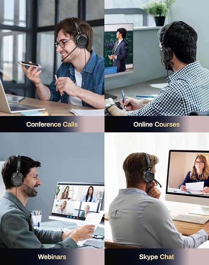 USB Headset with Microphone for PC & Laptop - Noise Reduction On-Ear Wired Headphones with in-Line Volume Control, Call Answer Button for MS Teams, IP Phones, Work, Zoom, Skype