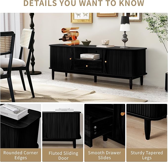 TV Stand, Media Console Table with Drawer and Sliding Door, Modern Entertainment Center with Storage for Living Room, Bedroom, Home Office (Black with 1 Drawer)