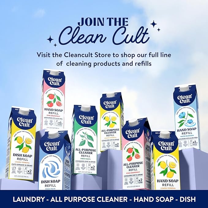 Cleancult Dish Soap Liquid Refills - Plant Based Cleaning Power - Cuts Grease & Grime - Free of Harsh Chemicals - Uses 90% Less Plastic - Lemon Verbena - 32 oz/3 Pack