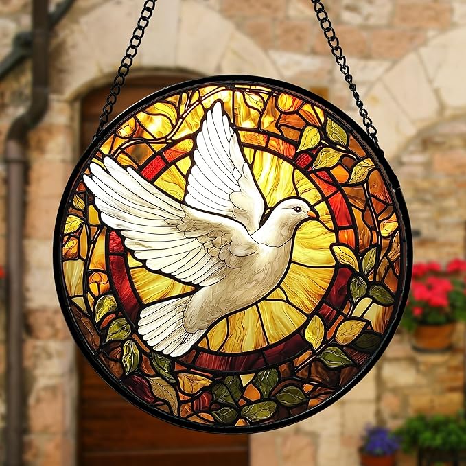 Stained Glass Window Hanging, Flying White Dove Sun Catchers Diamond Glass Panel Hangings Cute Birds Suncatcher Decor for Birthday for Women, Men, Wife, Aunt, and Mom 9.8X9.8 in