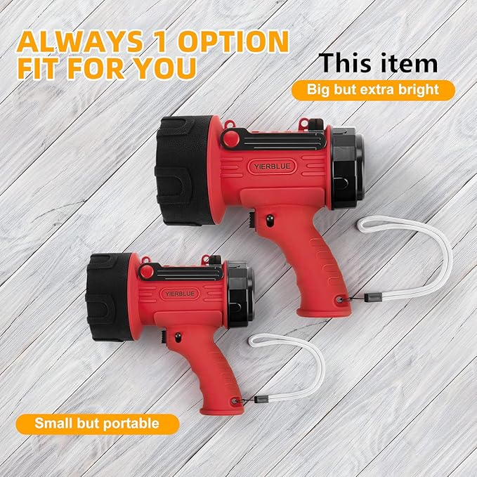 YIERBLUE Rechargeable Spotlight Flashlight with Super High High Lumen LED, IP67 Waterproof Long Running Spot Light searchlight, Impact Resistant Handheld Spotlight with Foldable Stand and Red Lens