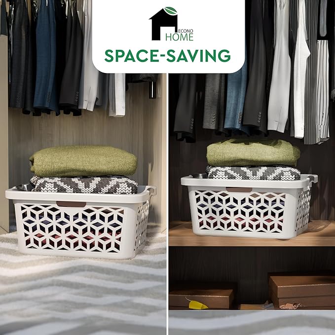 EconoHome Laundry Basket - Large 2 Bushel Laundry Basket with Handles - Stackable Plastic Hamper for Dirty Clothes - Storage Bin & Organizer for Bathroom, Bedroom - White, 70.5L Capacity – Heavy Duty