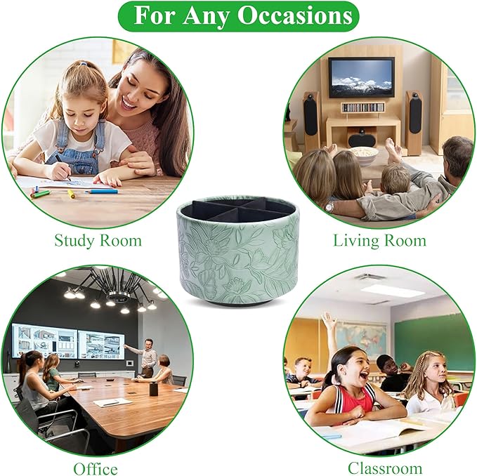 Hennaja Round Leather Art Supply Organizer,Remote Control Holder,360 Degree Spinning,Multi-Functional Pencil Holder,4 Compartments Desktop Stationary Organizer(1-Carved Dark Green)