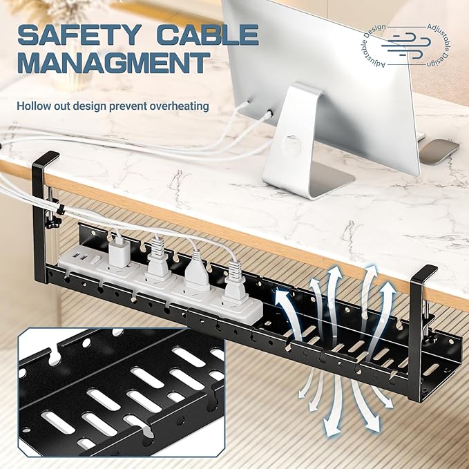 Shikha Under Desk Cable Tray, 15.7"-30.7" Retractable Under Desk Cable Management, No Drilling Cord Organizer with Clamp, Wire Management for Home Office -Black