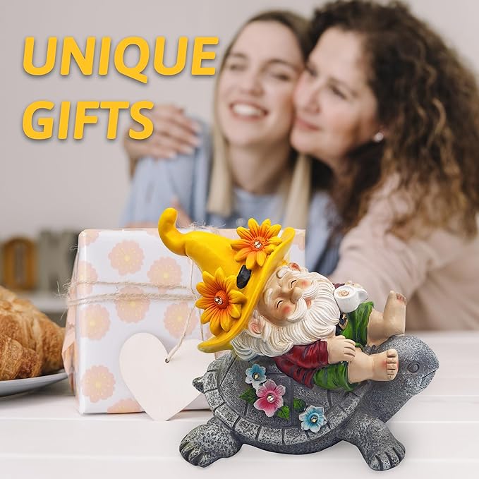 Garden Gnomes Outdoor Decor: Funny Sunflower Gnome Sitting on Turtle with Solar Lights Outside Decoration for Lawn Yard Patio Garden Gifts for Women