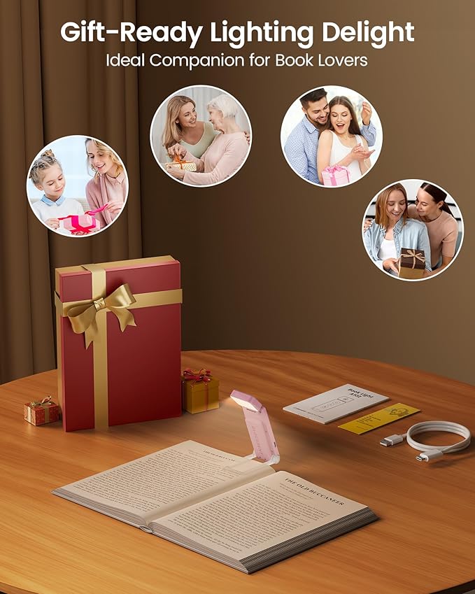 Glocusent 12 LED Rechargeable Book Light, Clip-on Reading Lamp with 5 Colors & 5 Brightness Levels, Up to 100Hrs Runtime, Eye-Caring Reading Lights for Books in Bed, Perfect for Book Lovers, Kids