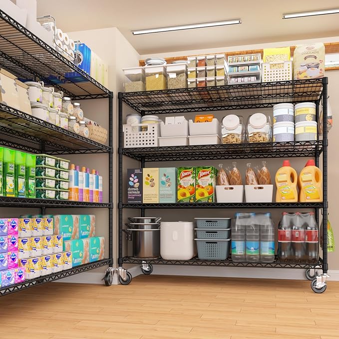 PrimeZone 55.5" W x 24" D x 80" H Heavy Duty Wire Storage Shelves with Wheels, 4 Tier Adjustable NSF Certified Garage Shelving Unit, Rolling Metal Organizer Shelf Rack for Warehouse, Pantry, Black