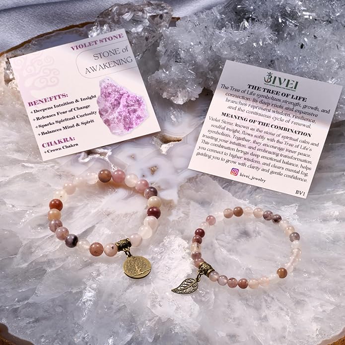 Bivei Natural Semi Precious Gemstone beads bracelet for women - Life Tree and Leaf Charm Energy Reiki Crystal Stretch Bracelets
