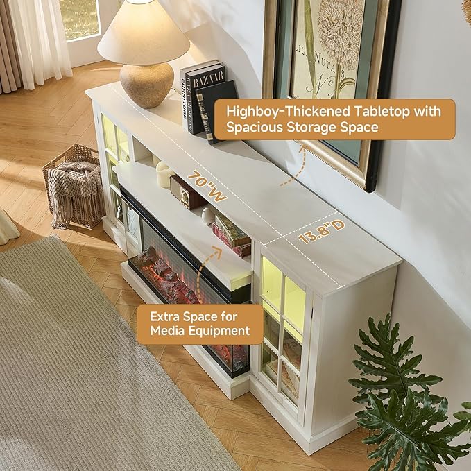 ROCKPOINT 3 Sided Glass 70" Fireplace TV Stand for TVs up to 80inch, Media Entertainment Center with Glass Door Storage Cabinet,36" Electric Fireplace with LED Light and Flame Colors, White