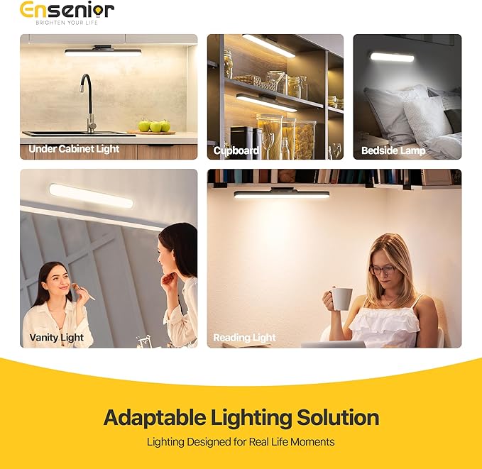 Ensenior 5W Rechargeable Light Bar with Remote, Magnetic Led Lights with Battery Display, 2500mAh Dimmable and Adjustable Angle Makeup Light with 3CCT for Cabinet, Closet, Bathroom and Desk