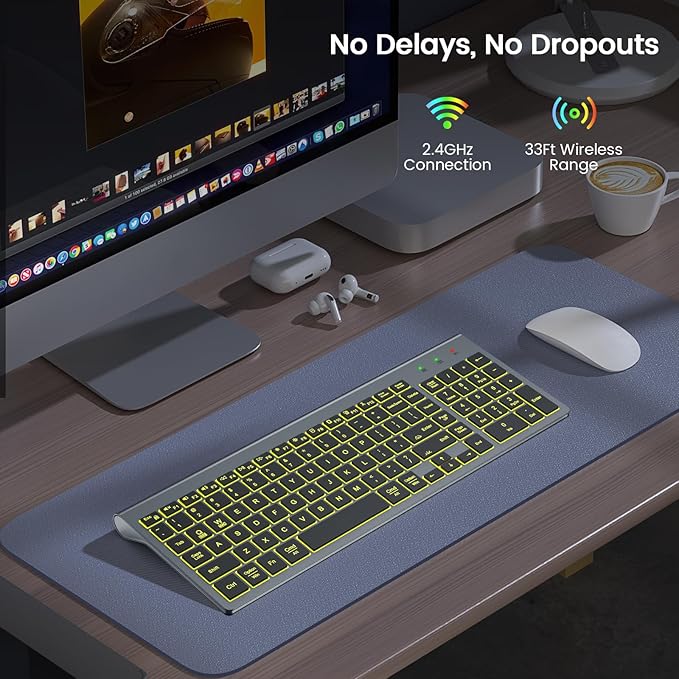 SABLUTE Wireless Keyboard with 7 Colored Backlits, Rechargeable Silent Compact Cordless Computer Keyboard with Low Profile Quiet Light Up Keys for Windows, PC, Linux, Chrome, Mac (Grey)