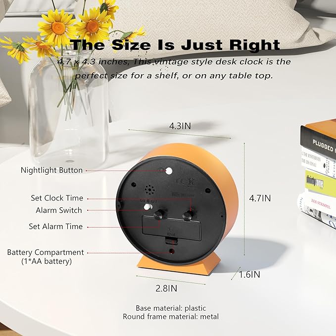 AYRELY® 4.5" Analog Alarm Clock,Small Retro Desk Clock Battery Operated,Slient Metal Table Clock with Light for Living Room Decor,Bedroom,Bedside,Shelf (Orange)