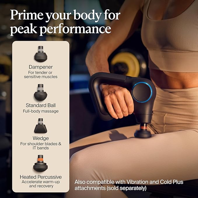 TheraGun Therabody Prime Plus Heated, Powerful Massage Gun for Enhanced Warm-Up & Workout Recovery - Quiet Deep Tissue Massager for Body and Back Pain Relief - Leg & Back Massager with Heat