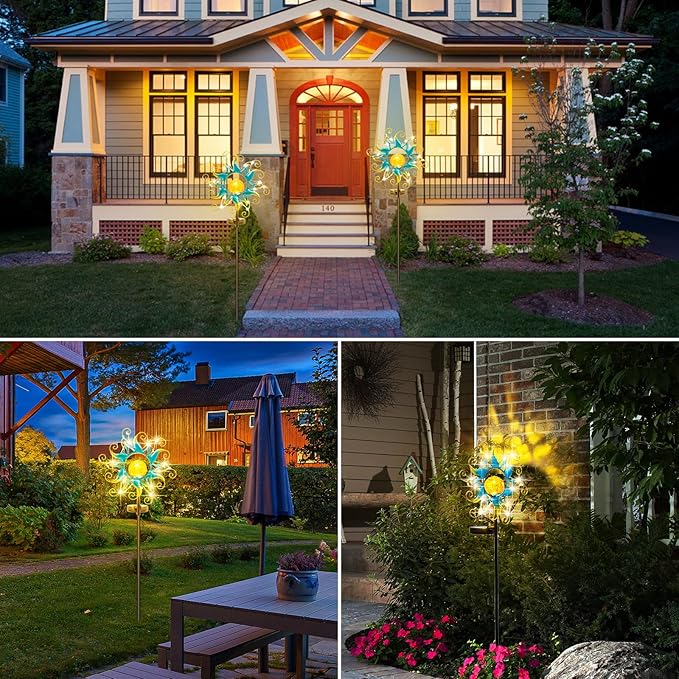 Solar Lights Outdoor Garden Decor, Blue Metal Sun Crackle Glass Globe Stake Waterproof 30LED Decorations Unique Gifts for Women,Mom,Outside, Patio,Lawn,Yard,Pathway