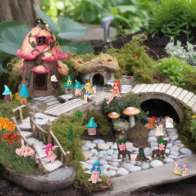 Gerrii 54 Pcs Fairy Accessories Outdoor Garden Kit Solar Fairy House Statues Decor Resin Fairy Figurines Mushroom Ornament Miniature Garden for DIY Yard Supplies Home Spring Easter Decoration