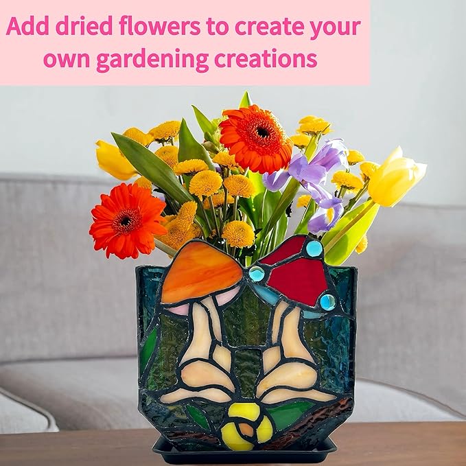 Mushroom Lady Body Plant Pots,Flower Pot with Drainage Hole, Stained Glass Mushroom Lady Yoga Pose Decoration Planter,Unique Cute Face Head Space Decoration Aesthetic 4.6x3x5.15 in