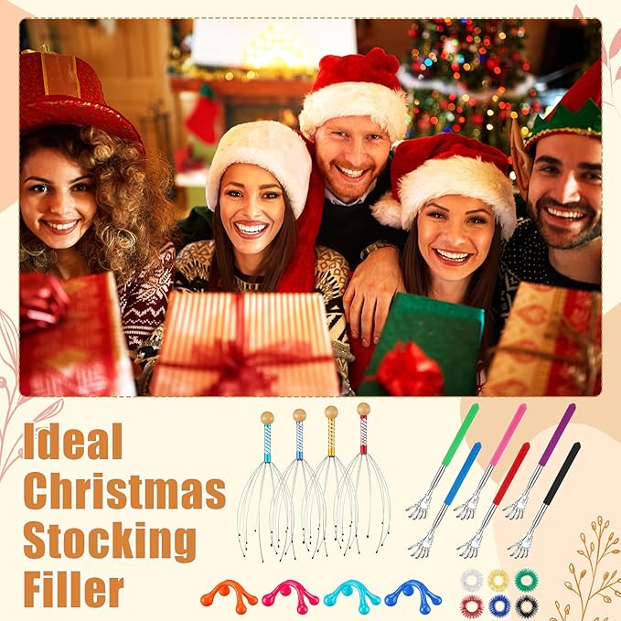 Geiserailie 48 Pack Head Scratcher Scalp Massagers, Extendable Back Scratchers, Four Point Massage Tools, Finger Massager Rings for Deep Relaxation Stress Relief Hair Stimulation Men Women Adult Gifts