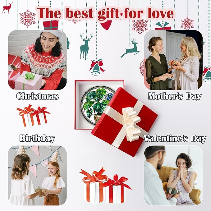 Stained Glass Window Hanging, Green Plant Monstera t Suncatcher Diamond Colorful Glass Panel Sun Catchers Decor for Birthday for Women, Men, Wife, Aunt, and Mom 7.8 in