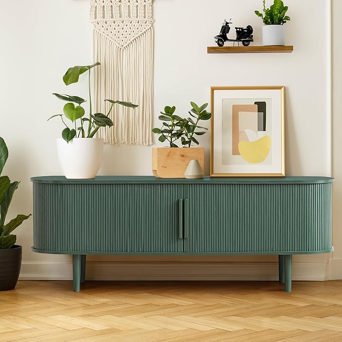 TV Stand, Media Console Table with Sliding Door and Storage Compartment, Modern Entertainment Center with Storage for Living Room, Bedroom, Home Office (Green)