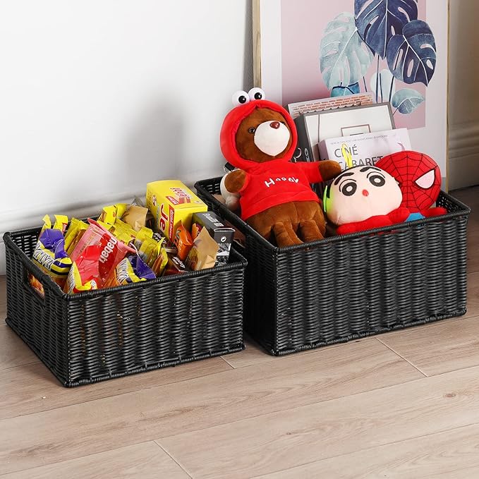 HOONEX Large Wicker Baskets for Storage, Plastic Baskets for Organizing with Dual Handles, Woven Baskets for Storage, Set of 2, (Black, 15 x 12.8 x 7.5 inches)