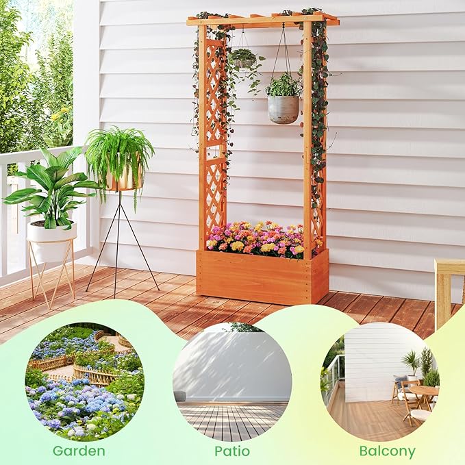 MAT EXPERT Raised Garden Bed with Trellis & Hanging Roof, Lattice Panel with Drainage Hole for Flower, Climbing Plant, Herb, Planter Box for Garden, Patio, Yard (2, 31" L x 14" W x 60" H)