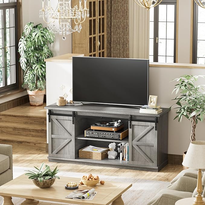 JUMMICO TV Stand for 65 Inch TV, Entertainment Center with Storage Cabinets and Sliding Barn Doors, Mid Century Modern Media TV Console Table for Living Room Bedroom (Pale Gray)