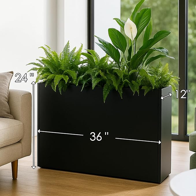 Kozyard 36" Lx24 Hx12 W Metal Rectangular Planter Box Steel Long Box Planter Black Powder Coated Steel Plant Pot All-Weather Use with Partition Panel for Indoor Outdoor for Trees, Plants Flowers