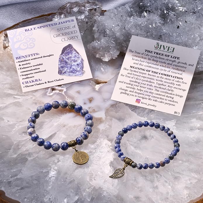 Bivei Natural Semi Precious Gemstone beads bracelet for women - Life Tree and Leaf Charm Energy Reiki Crystal Stretch Bracelets