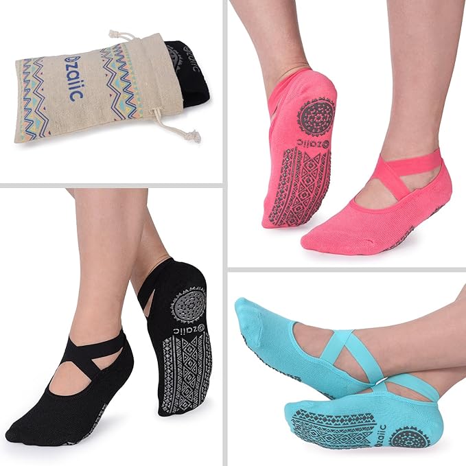 Ozaiic Yoga Socks for Women Non-Slip Grips & Straps, Ideal for Pilates, Pure Barre, Ballet, Dance, Barefoot Workout