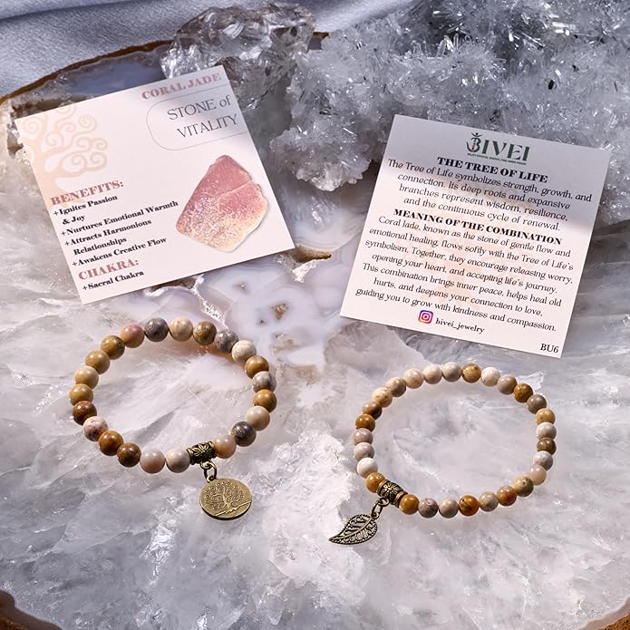 Bivei Natural Semi Precious Gemstone beads bracelet for women - Life Tree and Leaf Charm Energy Reiki Crystal Stretch Bracelets