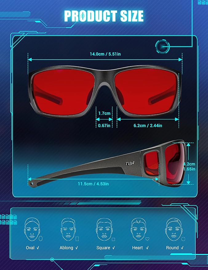 TIJN Sonia Sleep Glasses for Blue & Green Light Blocking,Red Lens with Dual AR Coating,Wraparound Frame for Gaming Screen