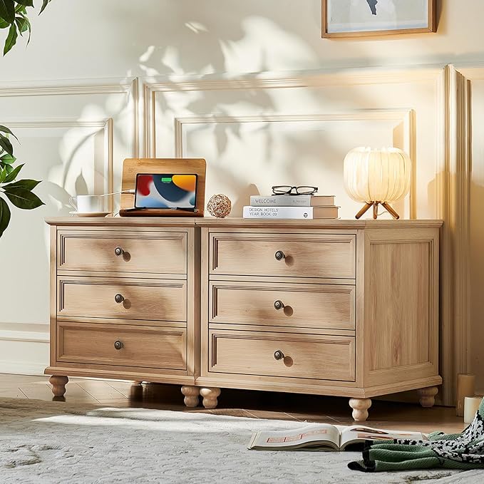 Farmhouse Nightstand with Charging Station, 24" Wide End Table with 3 Drawers,Natural Wood Dresser for Bedroom, Bed Side Table Chest of Drawers Cabinet,Night Stand for Living Room, Closet