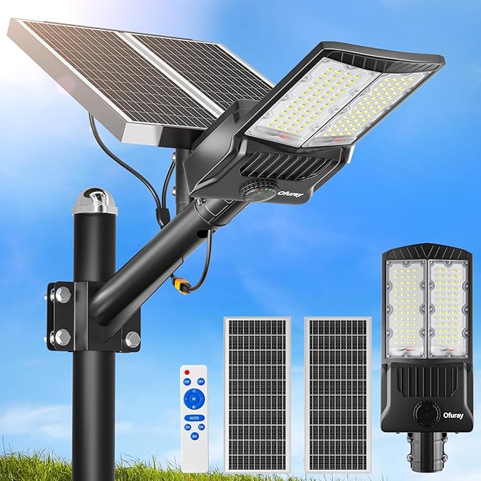 Ofuray Of-7000W Solar Street Lights Outdoor, 500000lm Solar Security Flood Lights Parking Lot Commercial with Motion Sensor, 6500k IP67 Street Dusk to Dawn with Remote Control for Street,Park,Barn