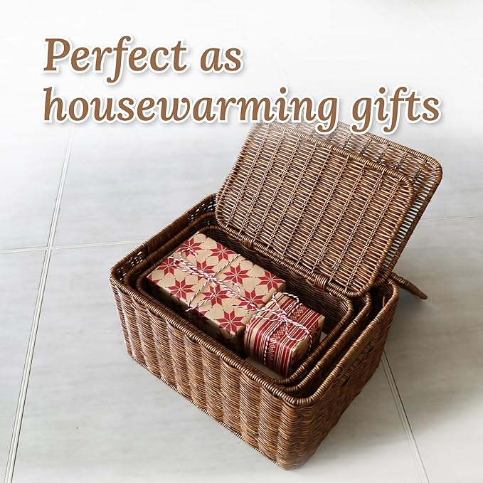 Baskets with Handles, Wicker Storage, Shelf Boxes for Organizing, Stackable Woven Bins, Decorative Lidded Resin, Set of 3, Toffee