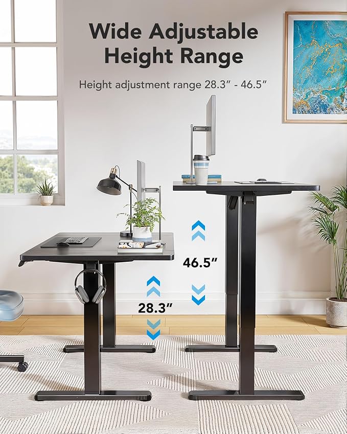 HUANUO 48 x 24 inch Electric Standing Desk, Height Adjustable Table with Headphone Hooks & Cable Manager, Sit to Stand up Desk for Home Office, Black