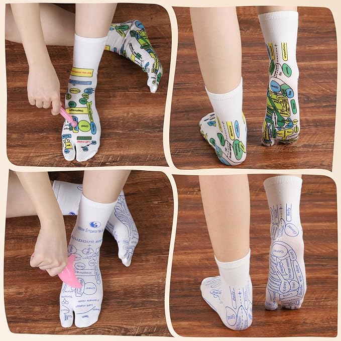 Reflexology Socks Set with Tools Pink, 2 Pairs Chiro Acupressure Acupuncture Trigger Point Foot Pain Relief Remedy Acupoint Massage Birthday Gifts for Women D