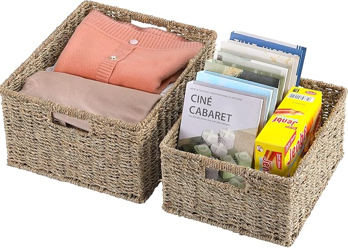 HOONEX Large Wicker Baskets for Storage, Seagrass Baskets with Dual Handles, Woven Set of 2, Natural