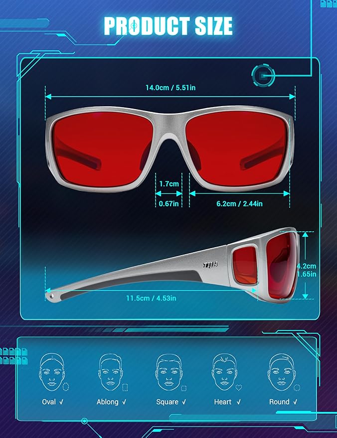 TIJN Sonia Sleep Glasses for Blue & Green Light Blocking,Red Lens with Dual AR Coating,Wraparound Frame for Gaming Screen